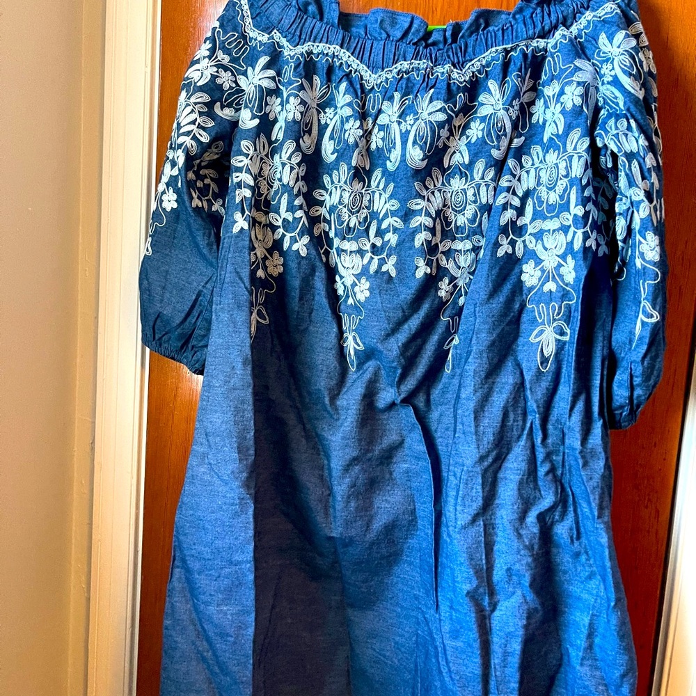 Off shoulder denim dress with puff sleeves